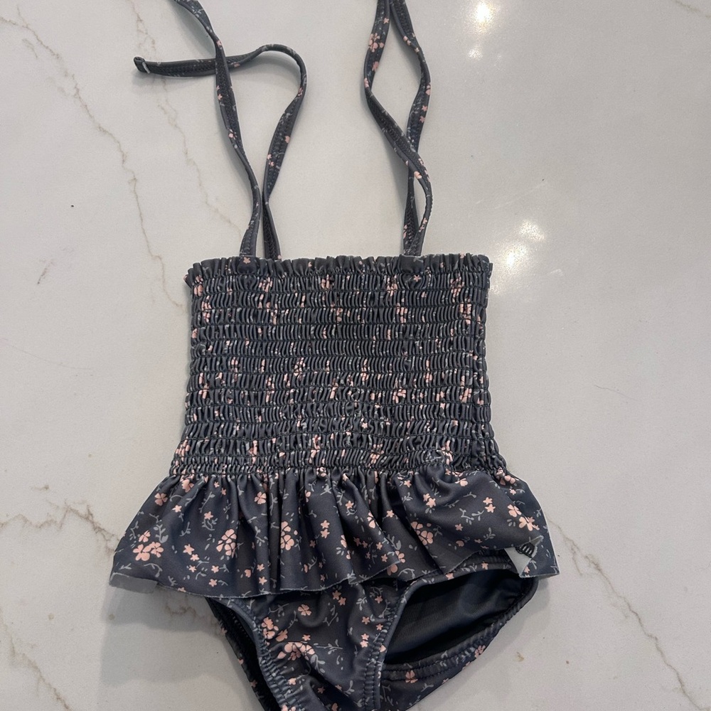 Rylee + Cru Gray and Pink One Piece Swimsuit with Smocked Texture